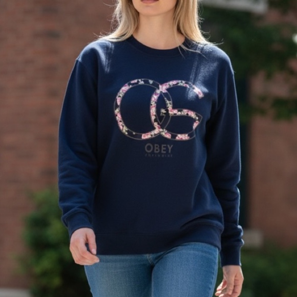 Obey Women's Dark Blue Graphic Sweater